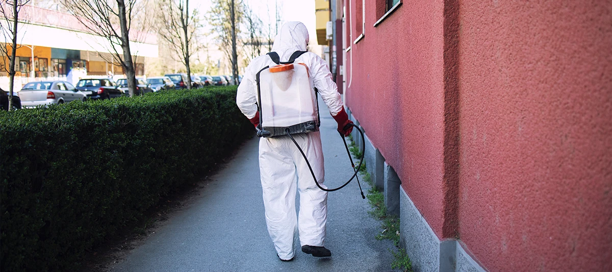 Schädlingsbekämpfer in Schutzanzug mit Rückensprühgerät in einer Wohngegend